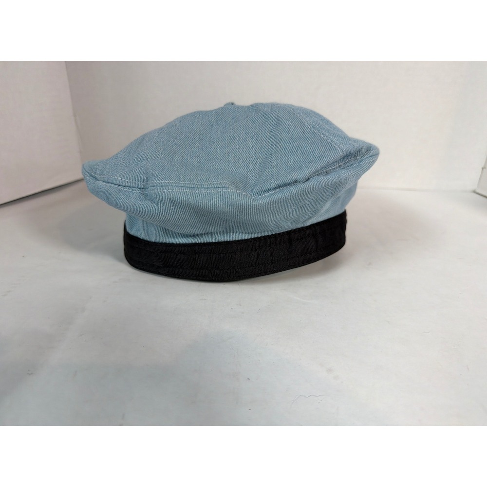 Womens Light Blue Denim Beret Hat with Black Ribbed Band French Style Cap